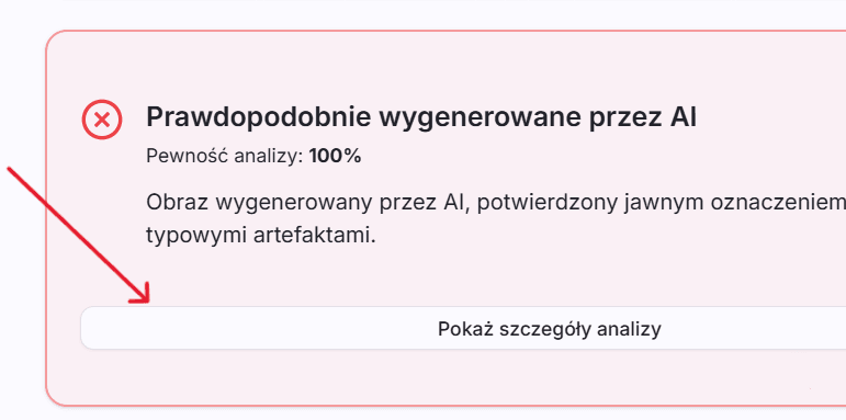 Wynik analizy pokazujący zdjęcie autentyczne ze wskaźnikiem pewności